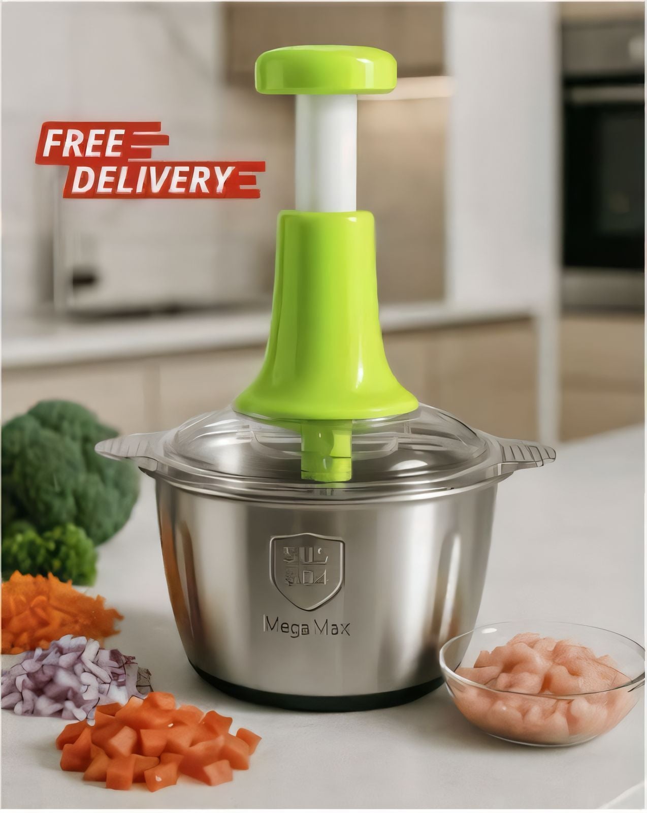 🥕 MegaMax Manual Food Chopper – Stainless Steel Bowl